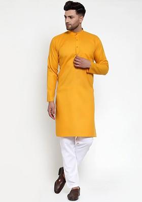 Orange Embroidered Poly Blend Kurta Set For Men