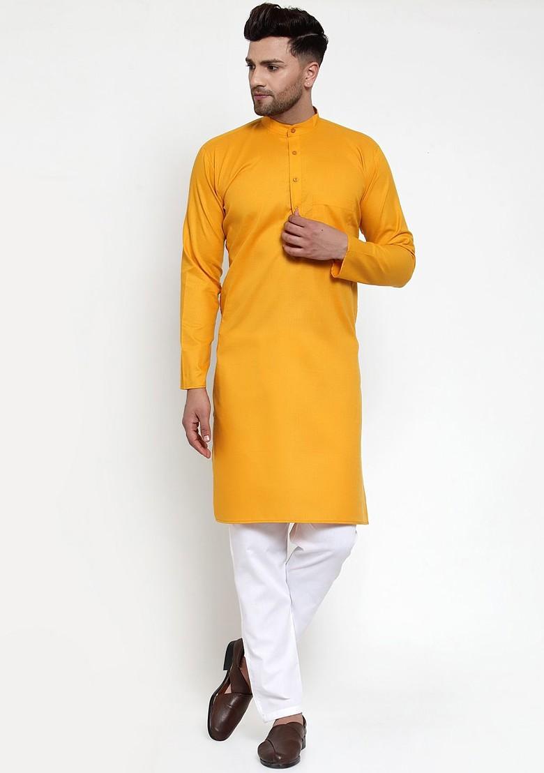 Orange Embroidered Poly Blend Kurta Set For Men
