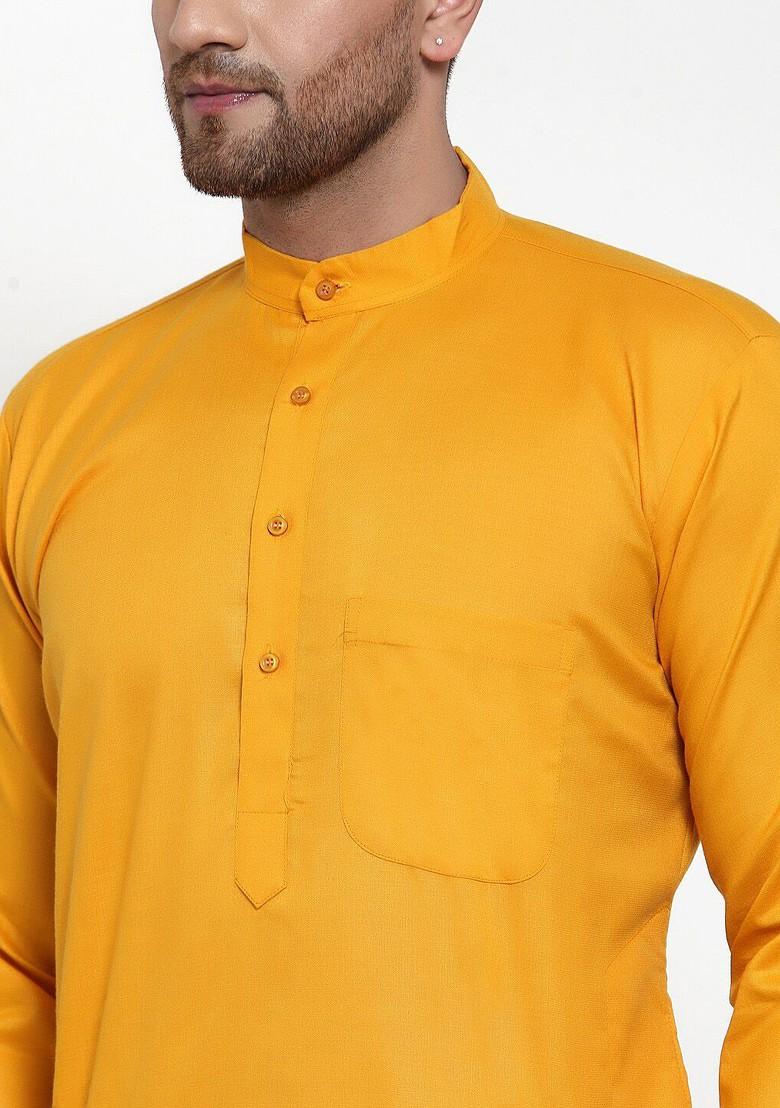 Orange Embroidered Poly Blend Kurta Set For Men