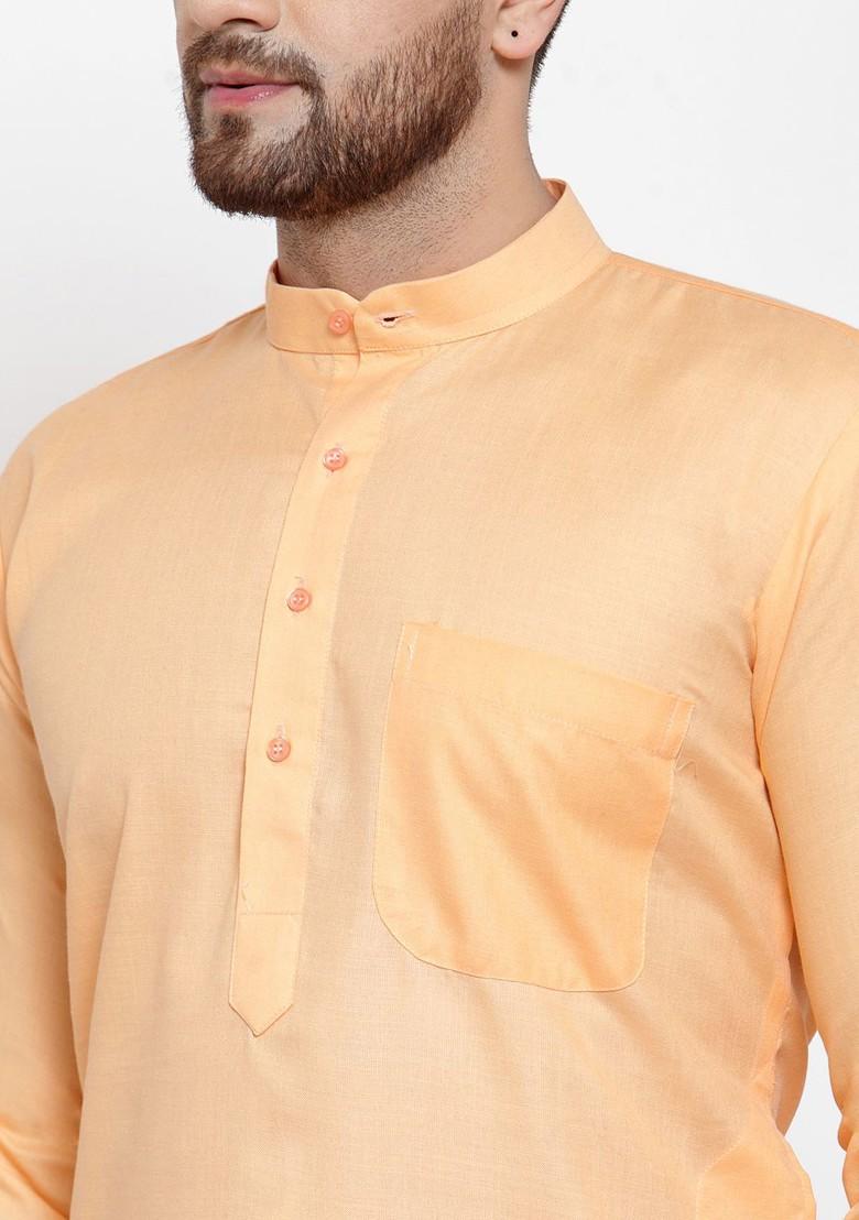 Peach Embroidered Poly Blend Kurta Set For Men