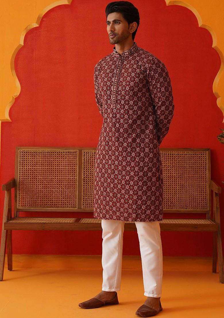 Maroon Embroidered Poly Blend Kurta Set For Men
