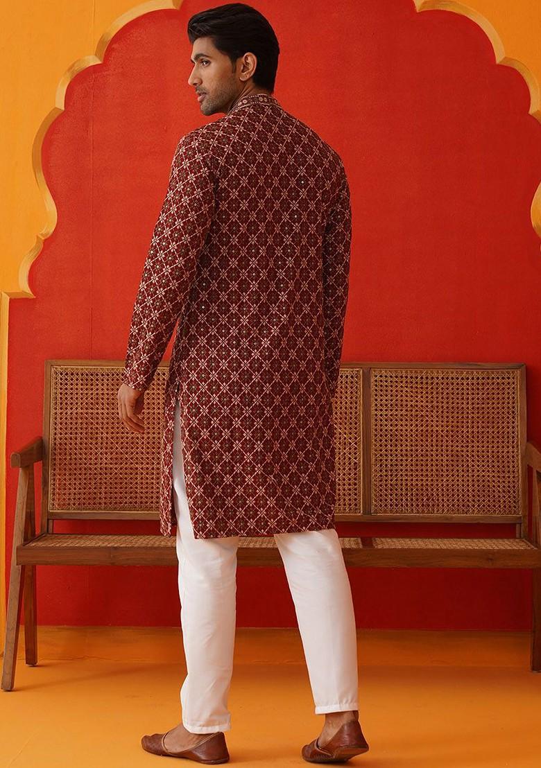 Maroon Embroidered Poly Blend Kurta Set For Men