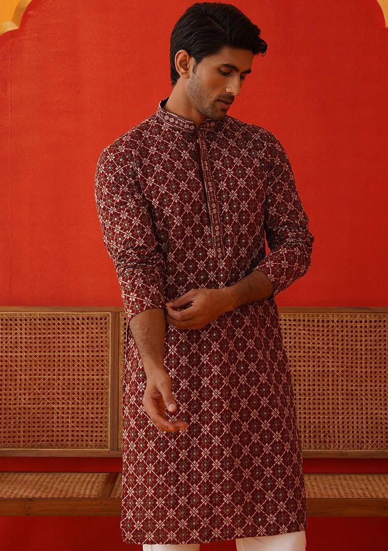 Maroon Embroidered Poly Blend Kurta Set For Men