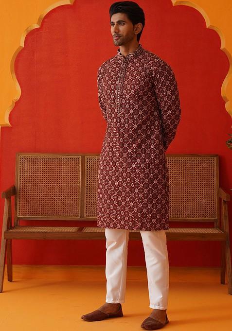 Maroon Embroidered Poly Blend Kurta Set For Men