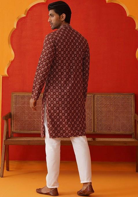 Maroon Embroidered Poly Blend Kurta Set For Men