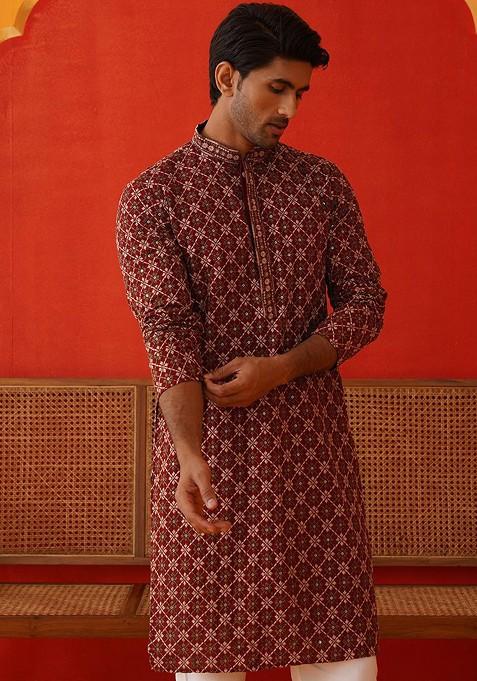 Maroon Embroidered Poly Blend Kurta Set For Men