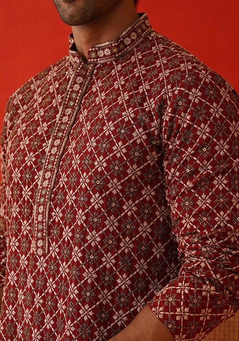 Maroon Embroidered Poly Blend Kurta Set For Men