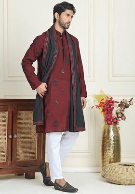 Maroon Embroidered Poly Blend Kurta Set For Men