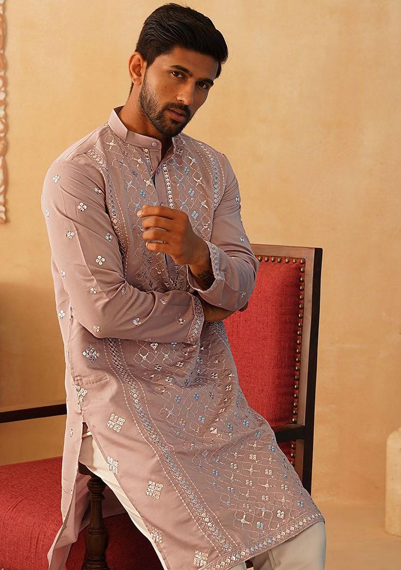 Peach Embroidered Poly Blend Kurta Set For Men
