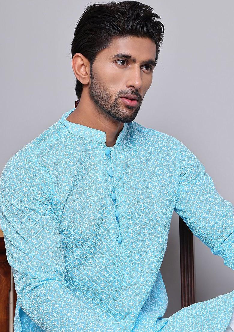 Turquoise Blue Embroidered Poly Blend Kurta Set For Men