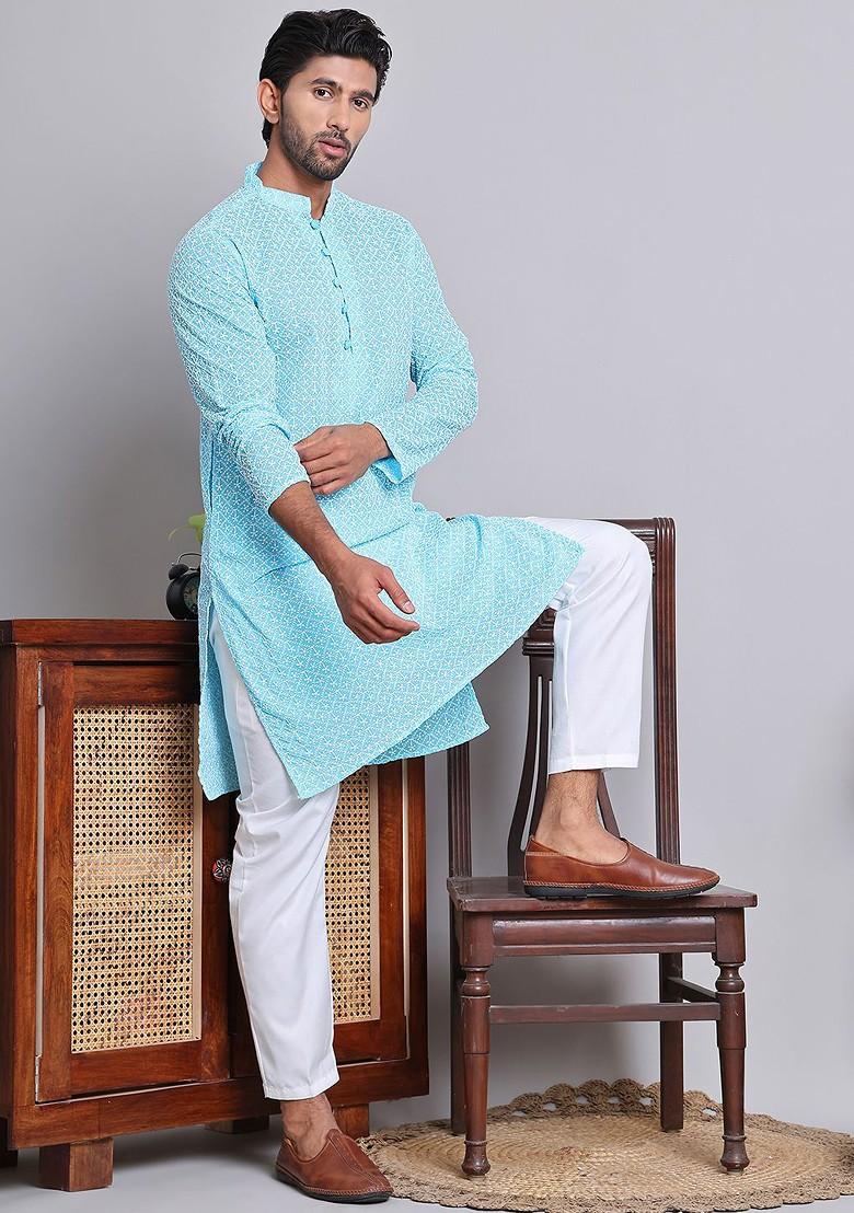 Turquoise Blue Embroidered Poly Blend Kurta Set For Men