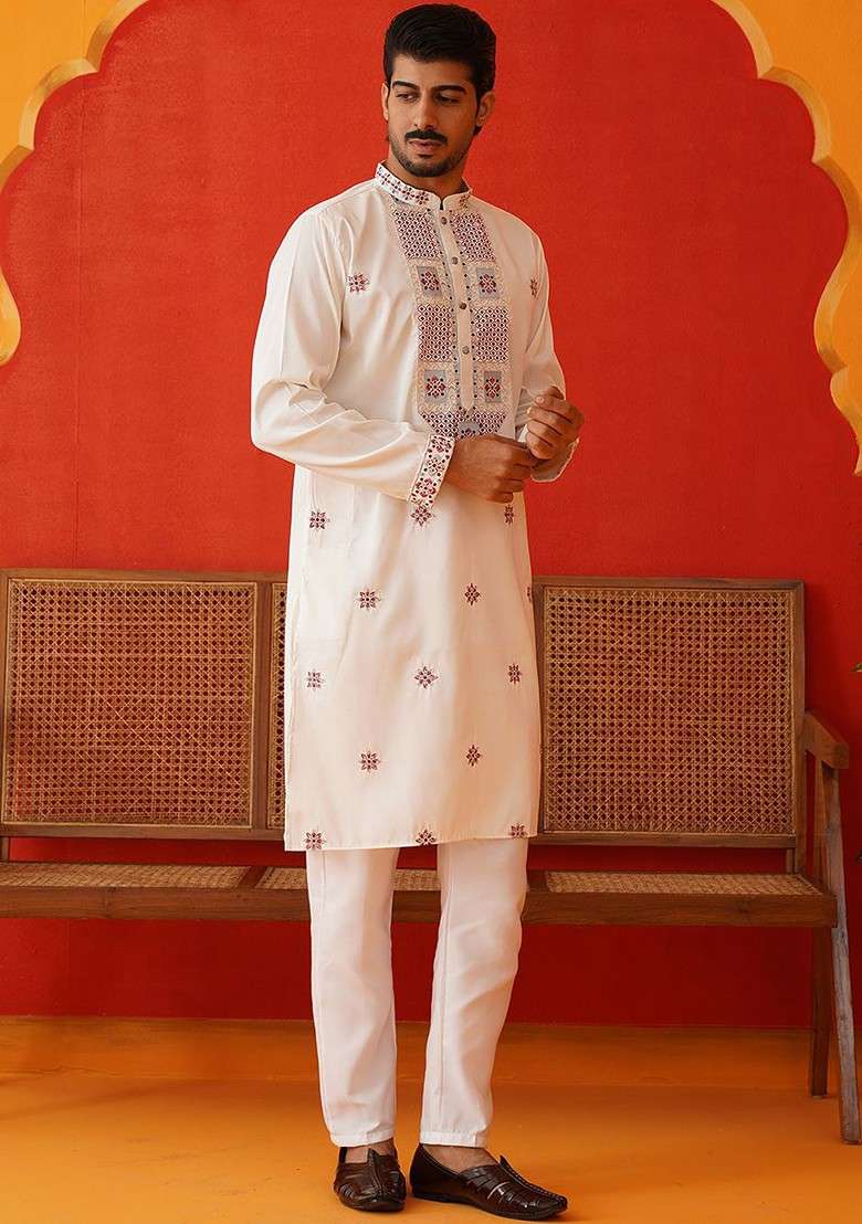 Off White Embroidered Poly Blend Kurta Set For Men - Indya