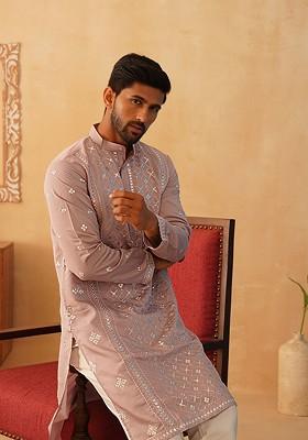 Peach Embroidered Poly Blend Kurta Set For Men