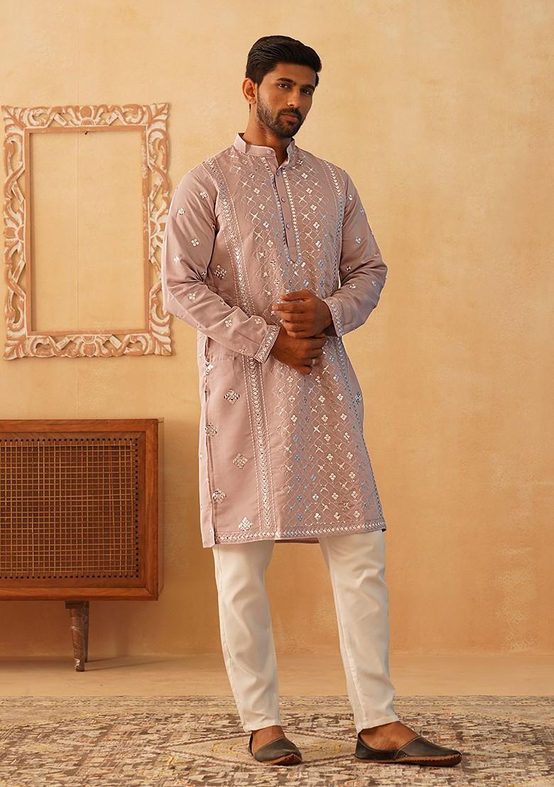 Peach Embroidered Poly Blend Kurta Set For Men