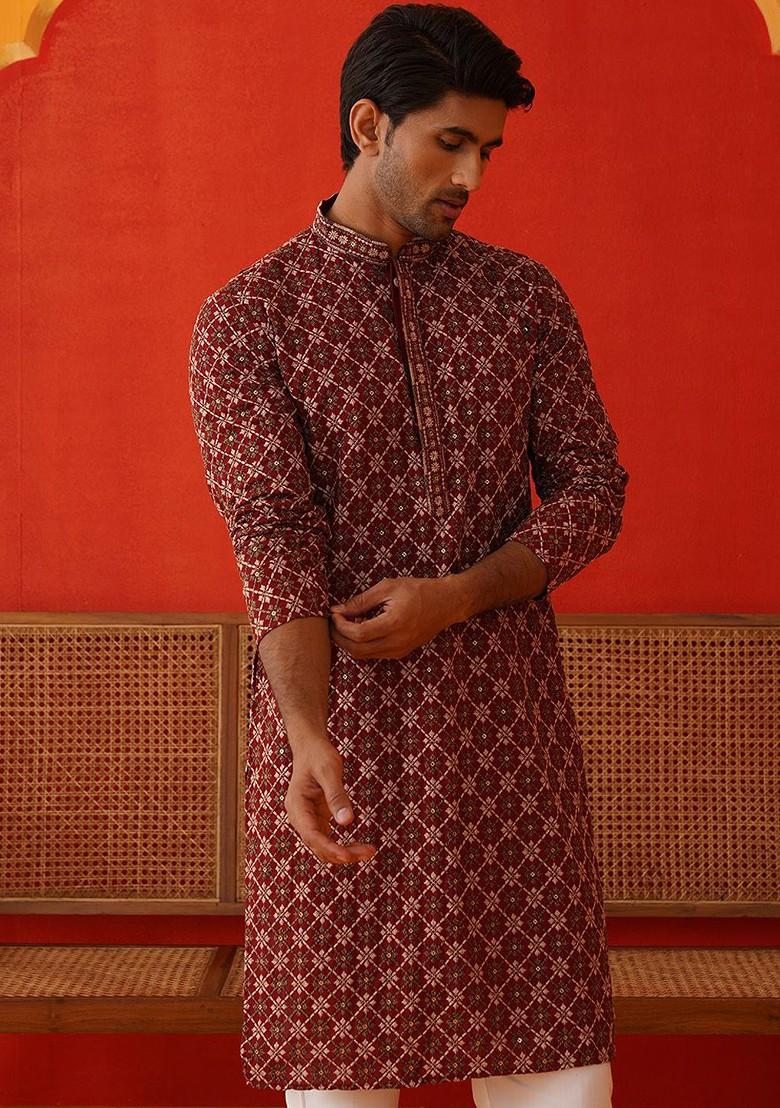 Maroon Embroidered Poly Blend Kurta Set For Men