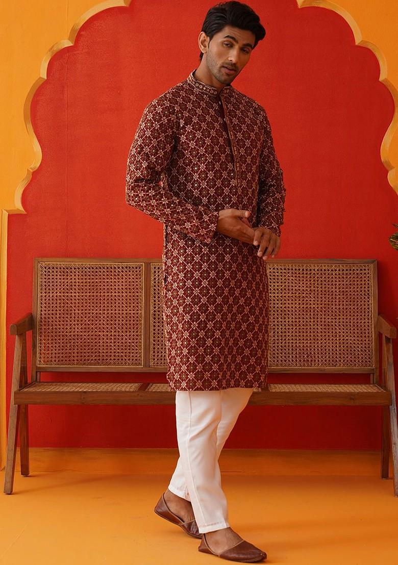 Maroon Embroidered Poly Blend Kurta Set For Men