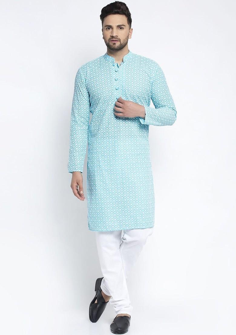 Turquoise Blue Printed Poly Blend Kurta Set For Men