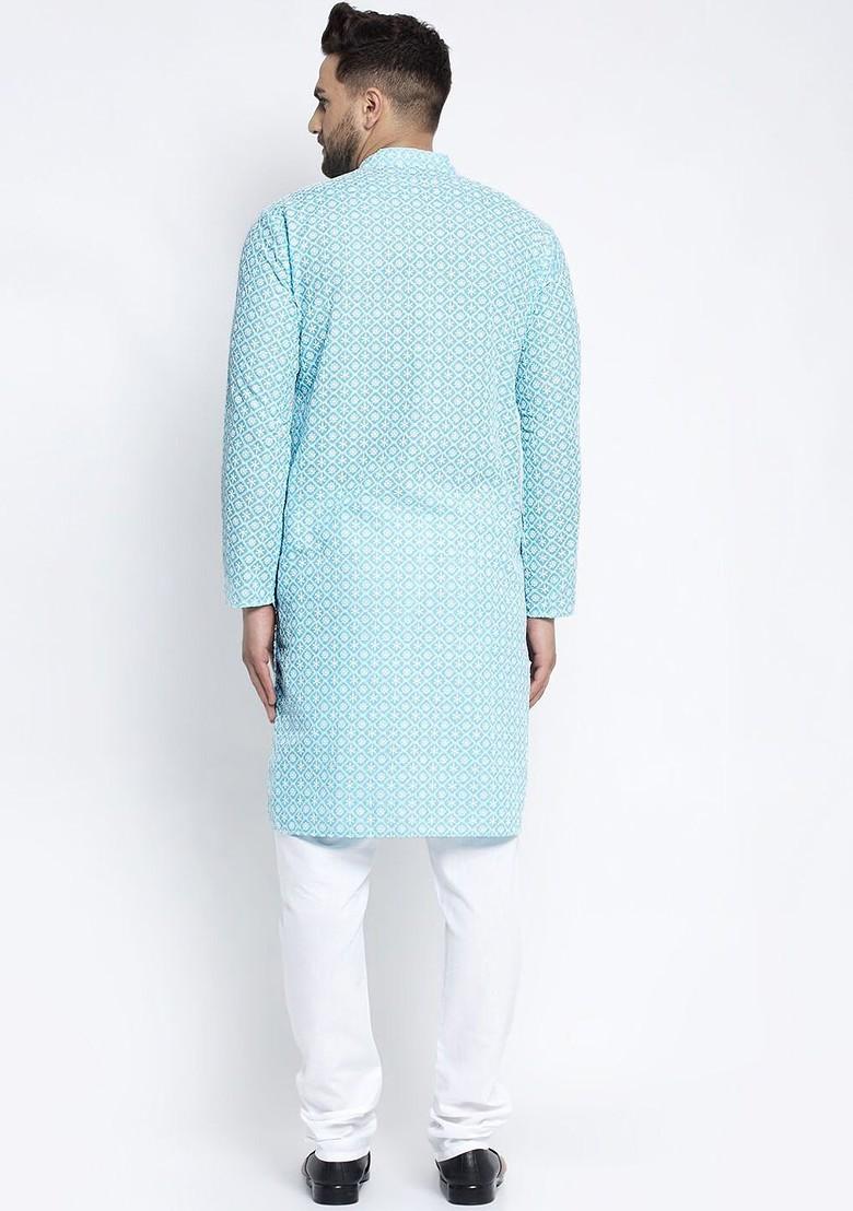 Turquoise Blue Printed Poly Blend Kurta Set For Men