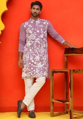 Lavender Embroidered Poly Blend Kurta Set For Men