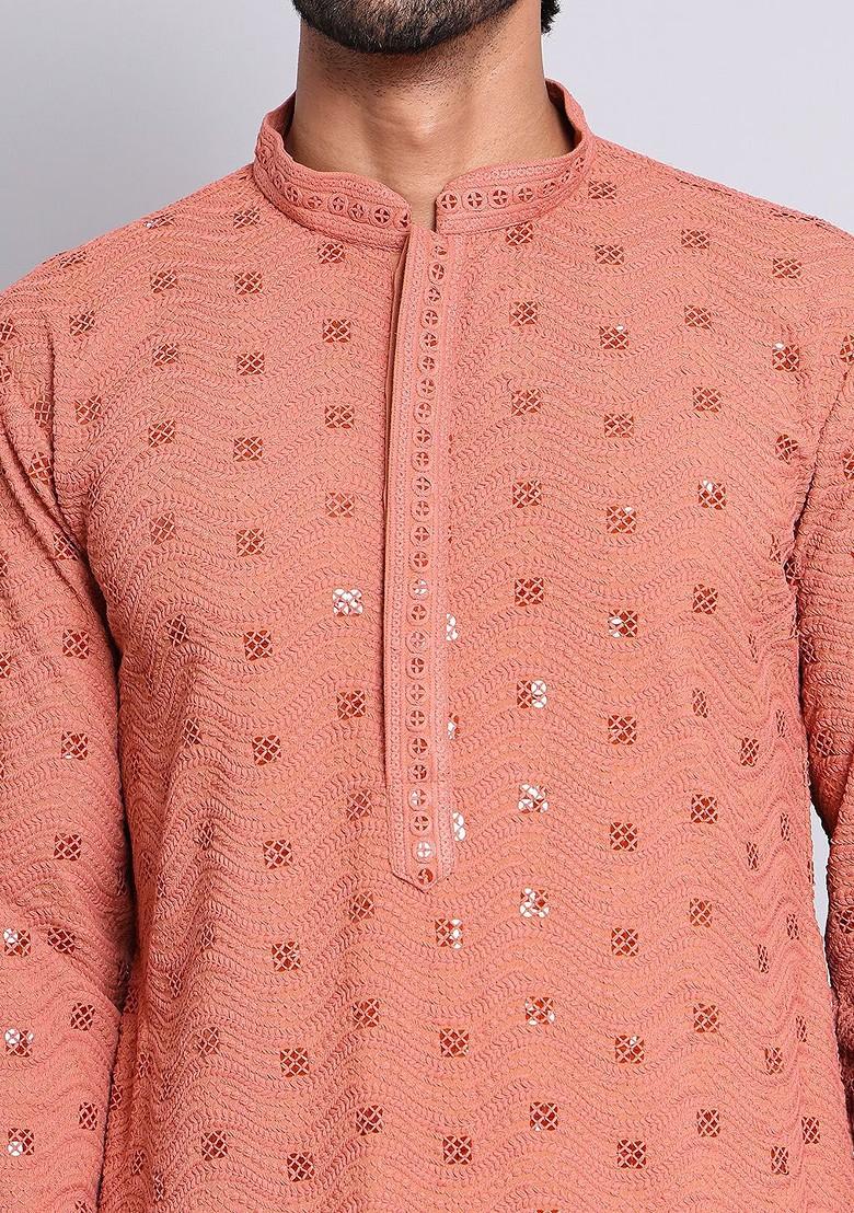 Peach Embroidered Poly Blend Kurta Set For Men