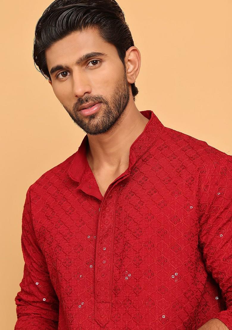 Maroon Embroidered Poly Blend Kurta Set For Men