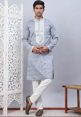 Grey Embroidered Poly Blend Kurta Set For Men