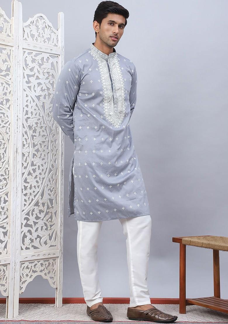 Grey Embroidered Poly Blend Kurta Set For Men