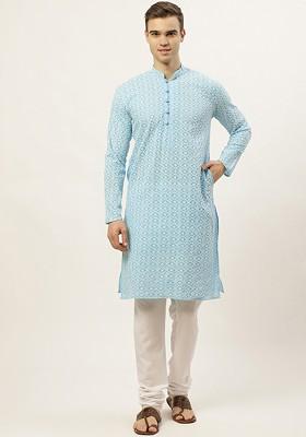Turquoise Blue Embroidered Poly Blend Kurta Set For Men