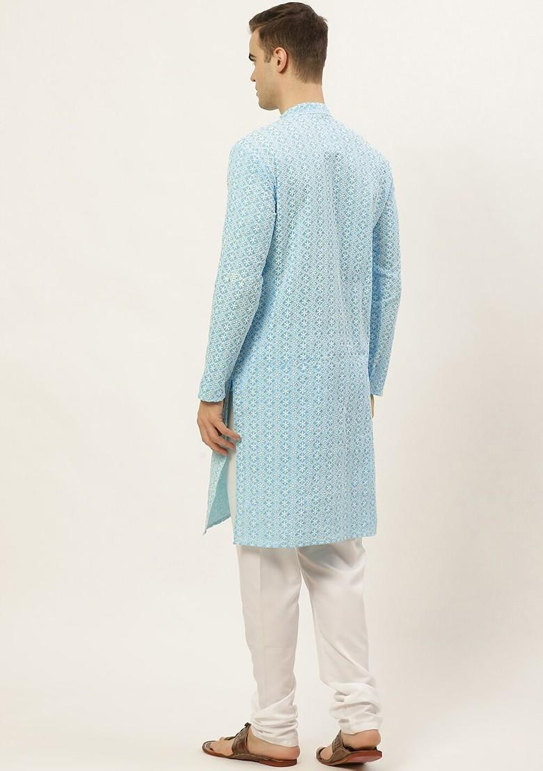Turquoise Blue Embroidered Poly Blend Kurta Set For Men