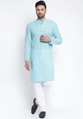 Turquoise Blue Embroidered Poly Blend Kurta Set For Men