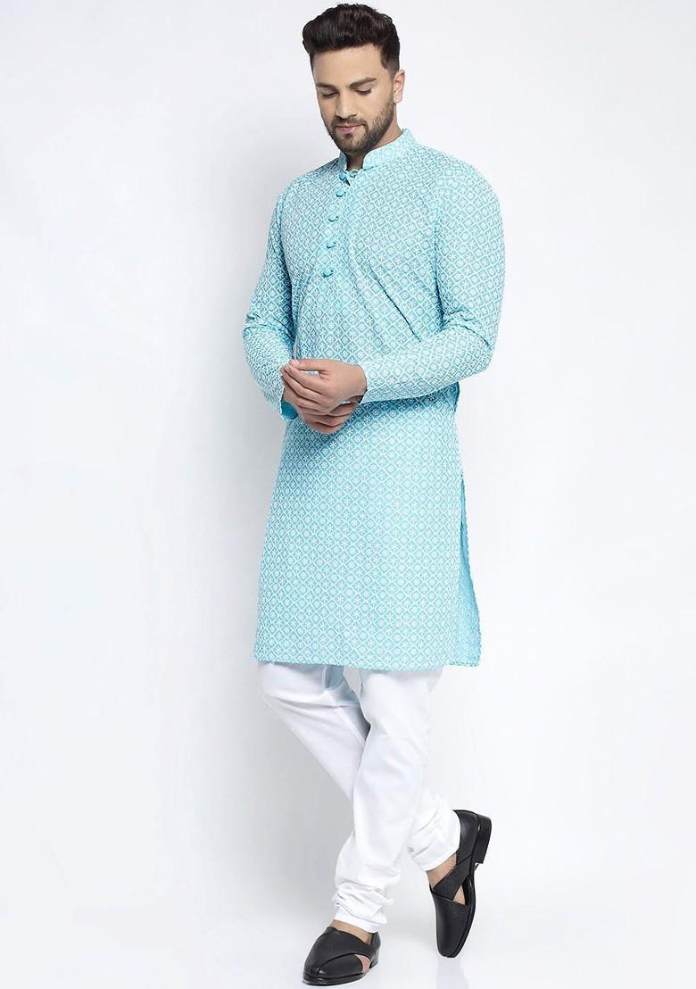 Turquoise Blue Embroidered Poly Blend Kurta Set For Men