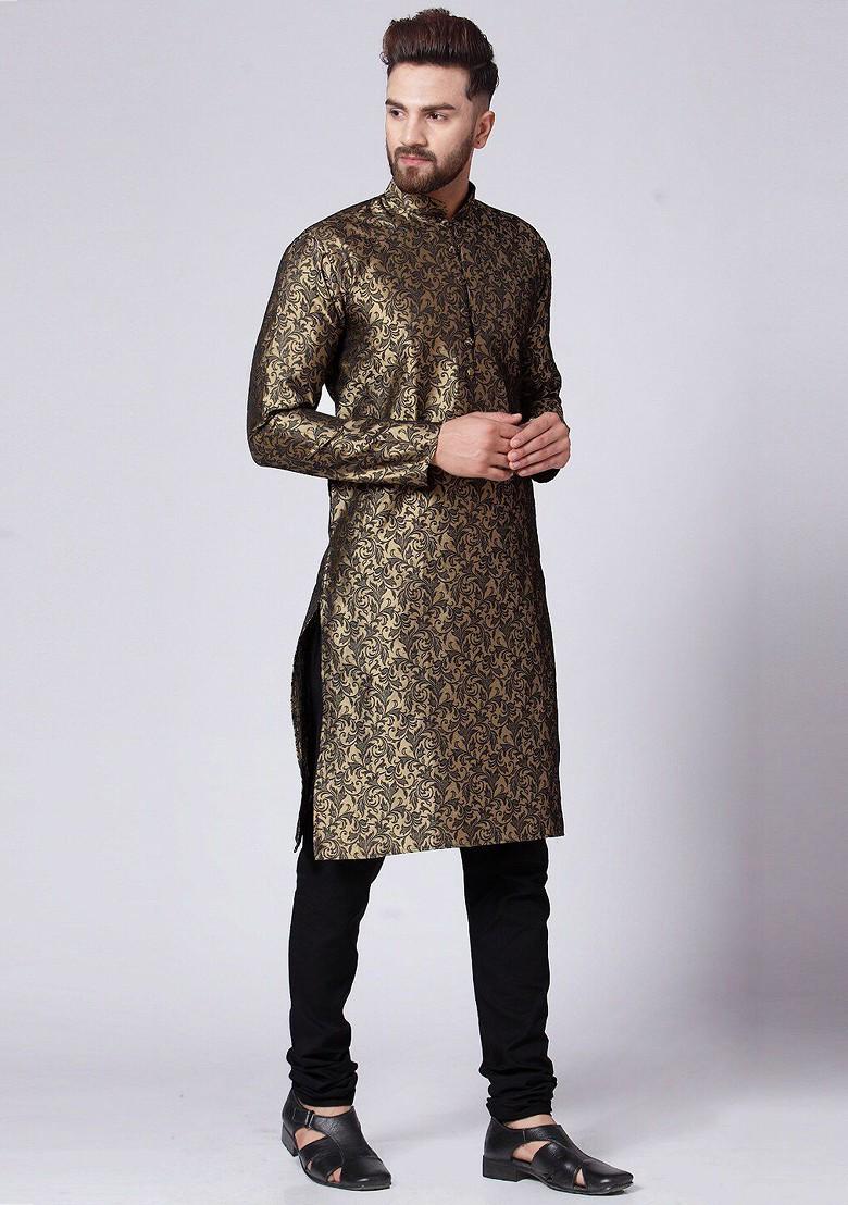 Gold Woven Design Poly Blend Kurta Set For Men