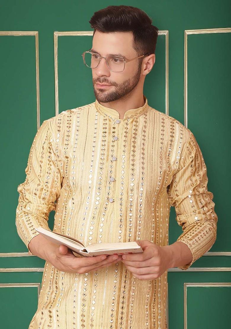 Gold Embroidered Poly Blend Kurta Set For Men