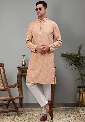 Peach Woven Design Poly Blend Kurta Set For Men