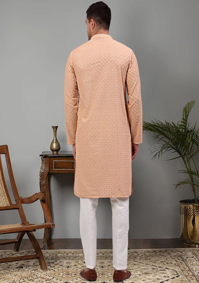 Peach Woven Design Poly Blend Kurta Set For Men