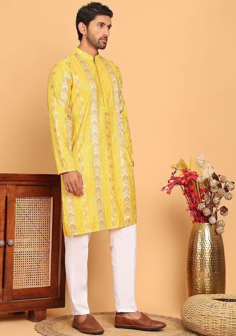 Yellow Embroidered Poly Blend Kurta Set For Men