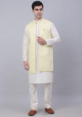Off White Embroidered Poly Blend Kurta Set For Men