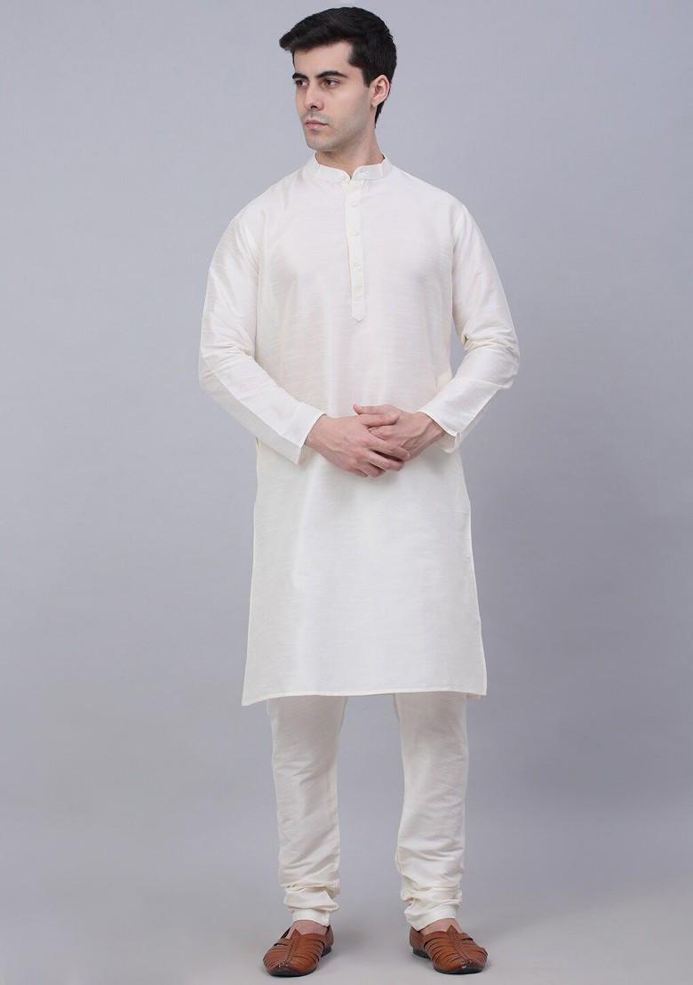 Off White Embroidered Poly Blend Kurta Set For Men