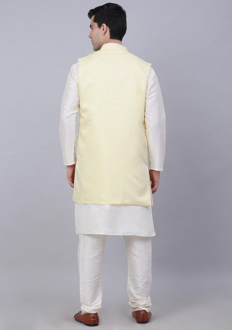 Off White Embroidered Poly Blend Kurta Set For Men