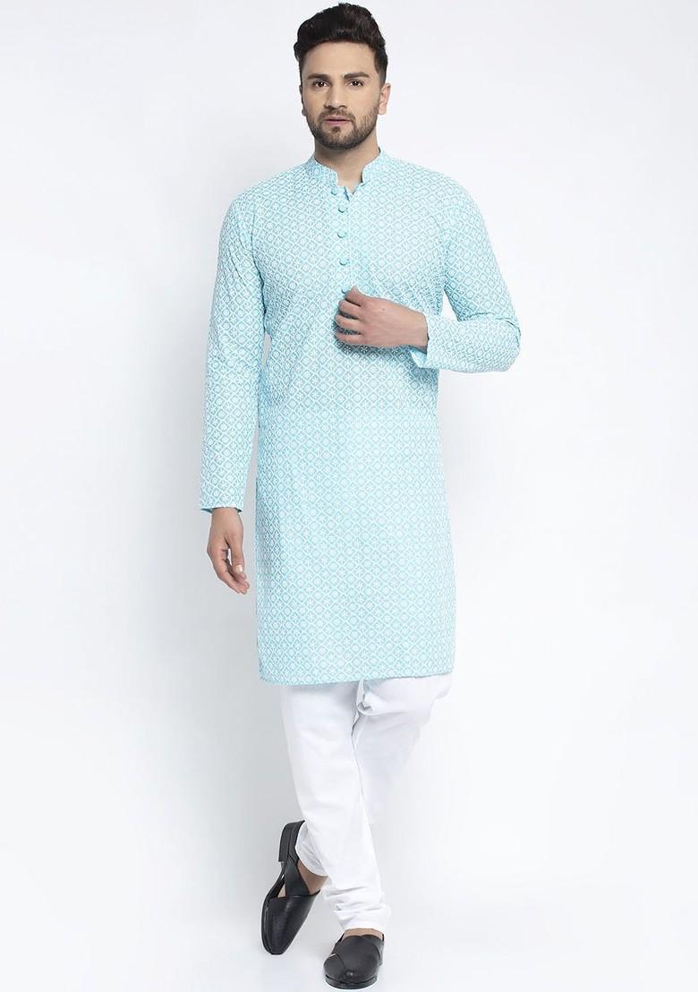 Turquoise Blue Embroidered Poly Blend Kurta Set For Men