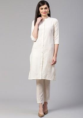 Off White Embroidered Poly Blend Kurta Set For Men