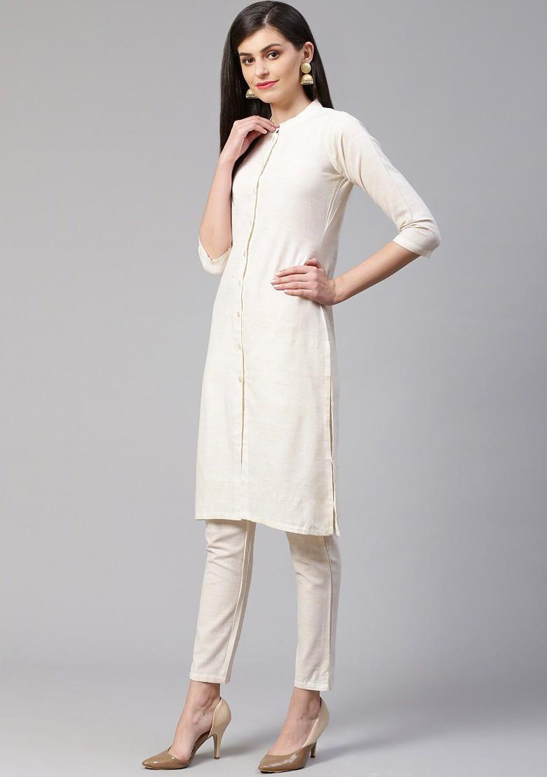 Off White Embroidered Poly Blend Kurta Set For Men