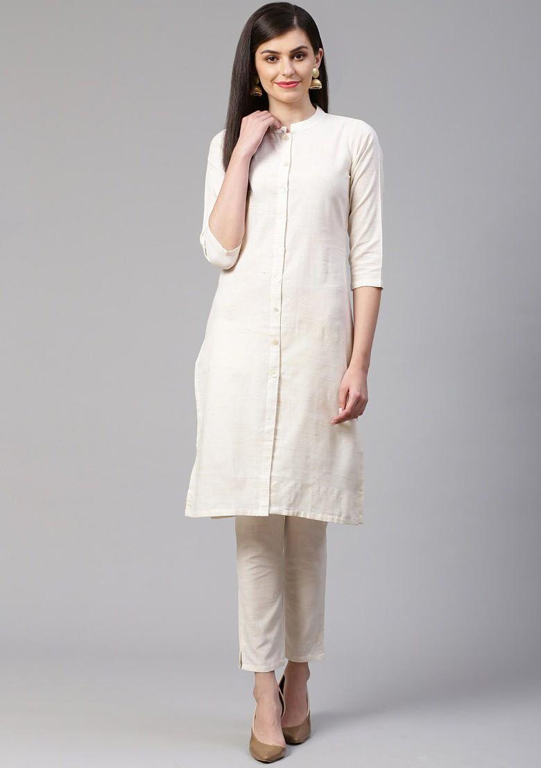 Off White Embroidered Poly Blend Kurta Set For Men