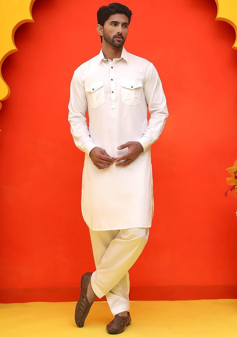 Off White Embroidered Poly Blend Kurta Set For Men