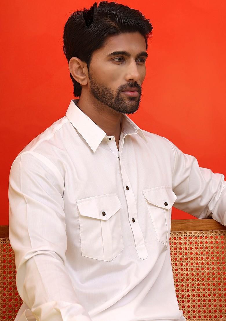 Off White Embroidered Poly Blend Kurta Set For Men