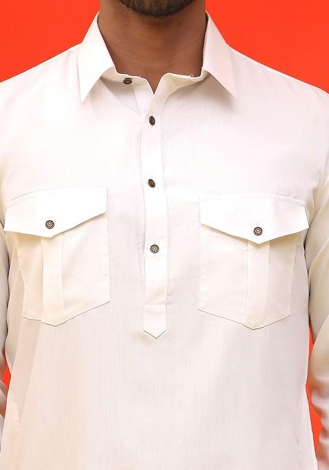 Off White Embroidered Poly Blend Kurta Set For Men