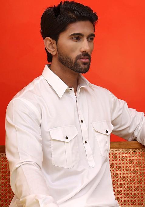 Off White Embroidered Poly Blend Kurta Set For Men