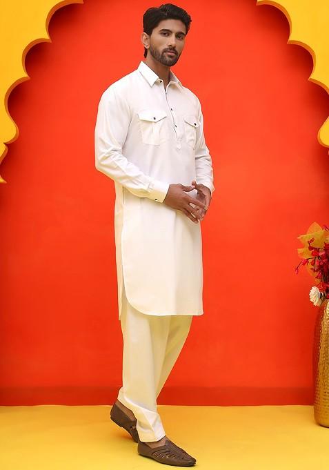 Off White Embroidered Poly Blend Kurta Set For Men