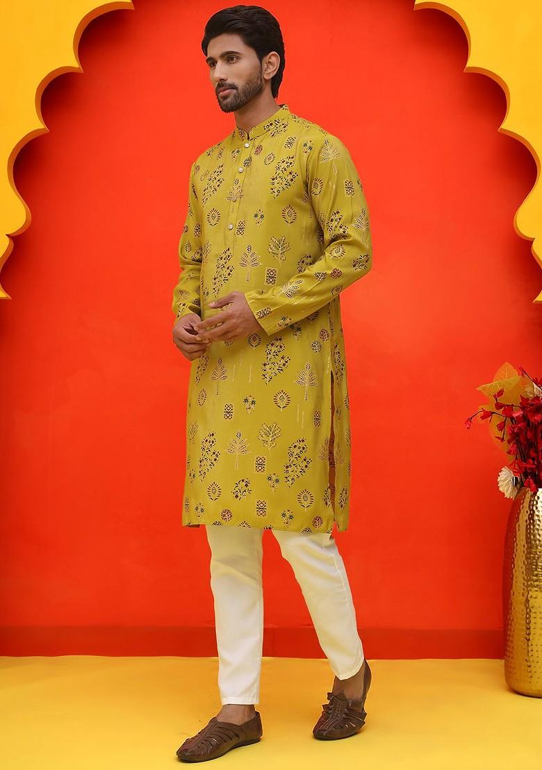Mustard Yellow Printed Poly Blend Kurta Set For Men
