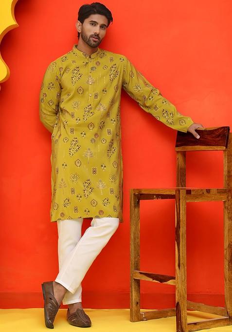 Mustard Yellow Printed Poly Blend Kurta Set For Men — view on Indya